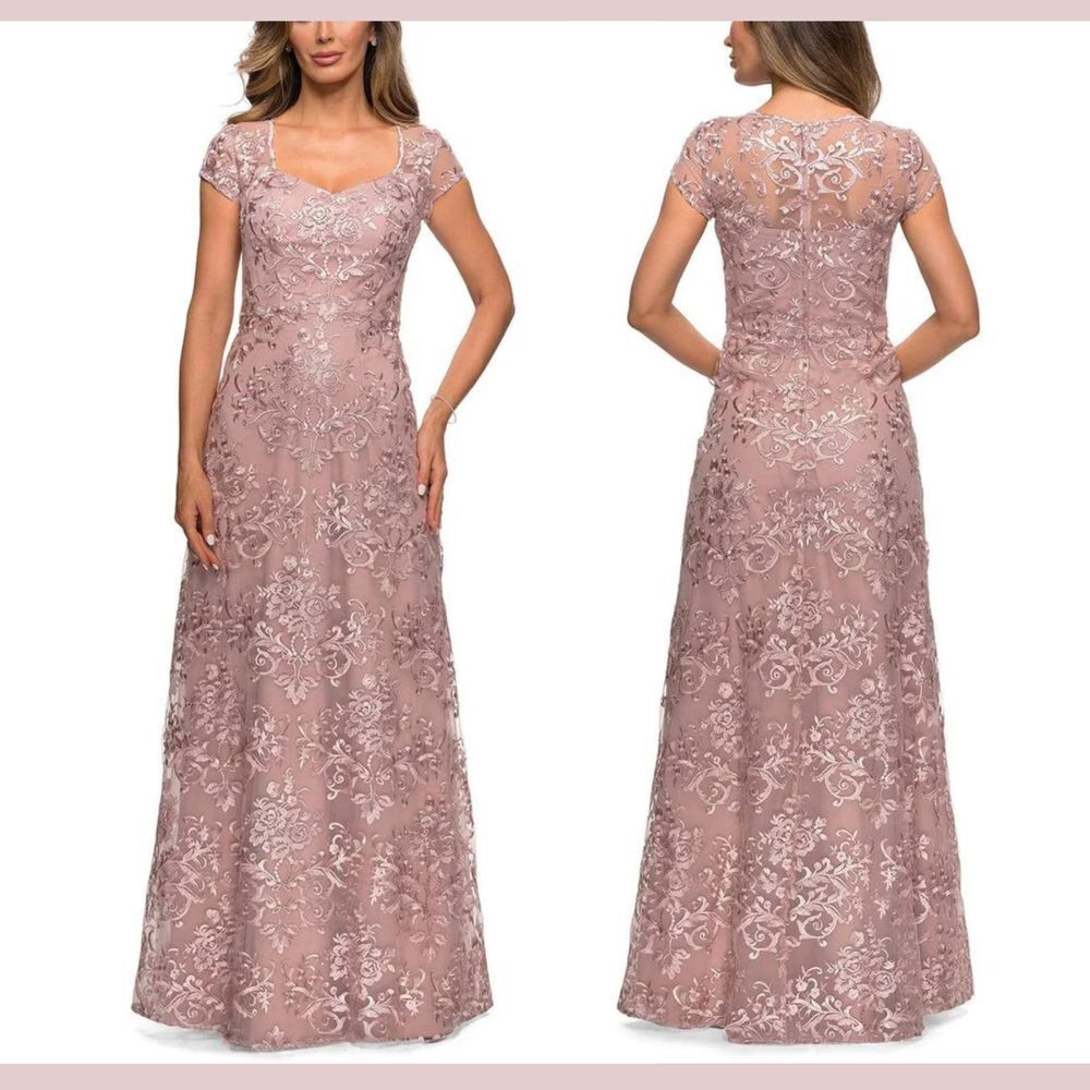HOLES! $598 La Femme [ 20 ] Lace Embroidered  V Neck Sheath Gown‎ Mauve Pink